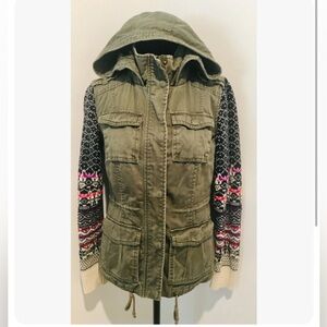 AEROPOSTALE Khaki Green Canvas Hood Jacket Fair Isle Knit Sleeves Pockets XS